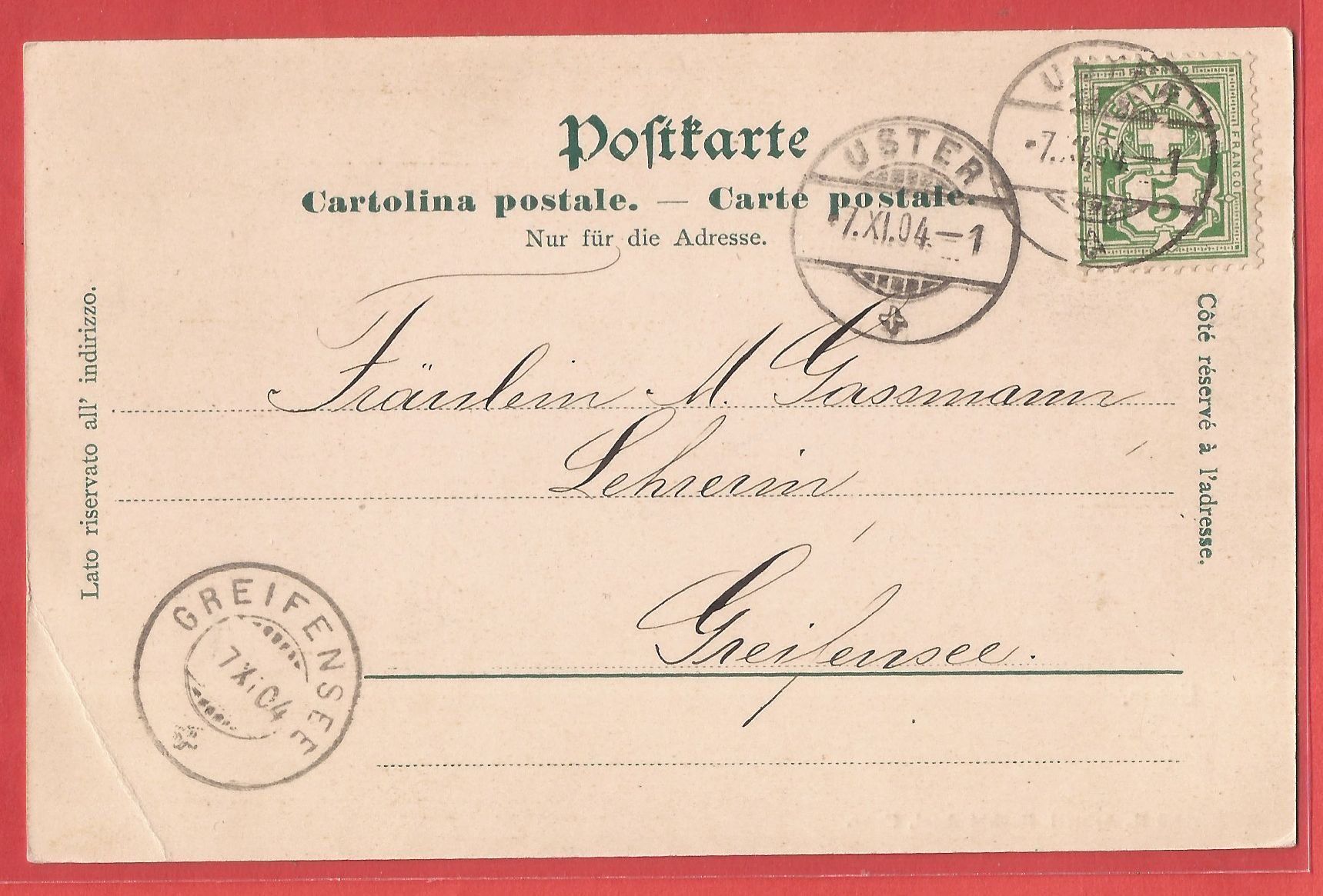 Cartoline postali: Uster - 1904 – Usato da Fislisbach venduto da Porano 1