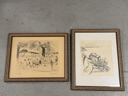 2 tableaux d’art dessin encadré dorure et signé