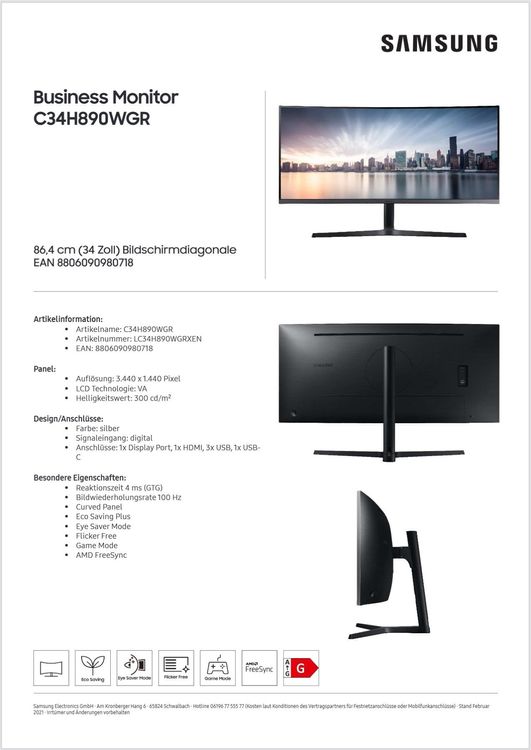 Samsung 34" Ultrawide Business Monitor Curved C34H890WGR | Kaufen auf ...