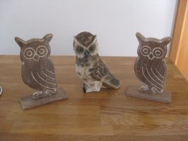3 schöne EULEN 2 aus Holz und 1 Polyresin