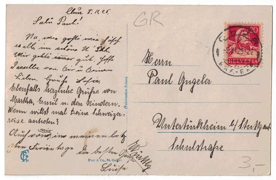 Cartoline postali: Chur, gelaufen 1925 – Usato da Frauenfeld venduto da POML 1