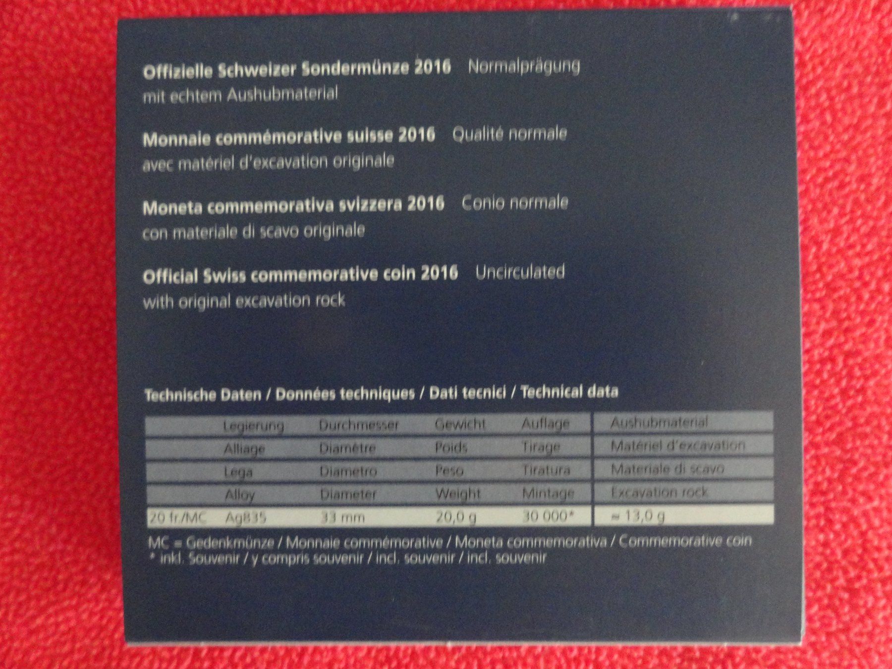 Tutti le monete: Souvenir Gottardo Silber 20 Fr. und echtem Aushubmaterial – Nuovo e nell'imballaggio originale da Gerlafingen venduto da Shiva_74 2
