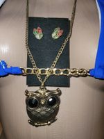 Eulen-Kette mit Ohrringen, goldfarben, Uhu, bijoux, oul