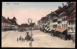 AK Aarberg, Ortspartie mit Brunnen und Kindern