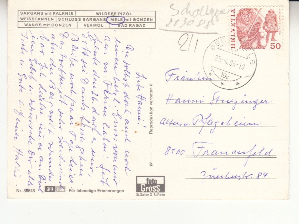 Ansichtskarten: Sarganserland 1985 – Gebraucht aus Bürglen TG von StampGraf 1