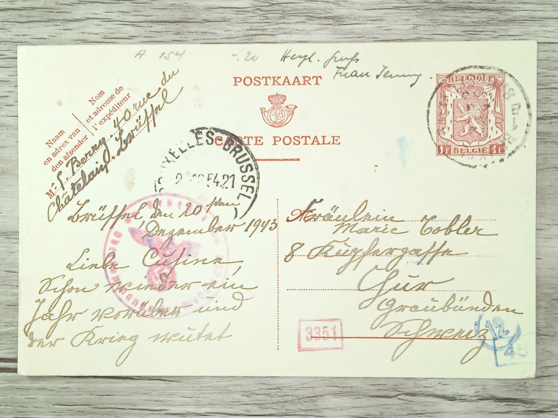 Alle Briefmarken: TR97 Carte Postale + Timbre Belgique 1943 – Gebraucht aus Cousset von Patrick_Collections