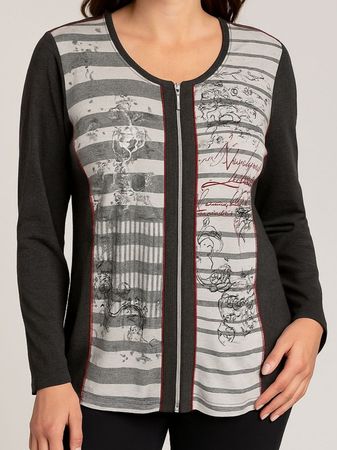 Damen Oberteil Gr. L 40 42 Grau Weiss mit rot 812