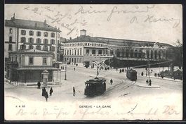 AK Genève, La Gare, Strassenbahn, 1906
