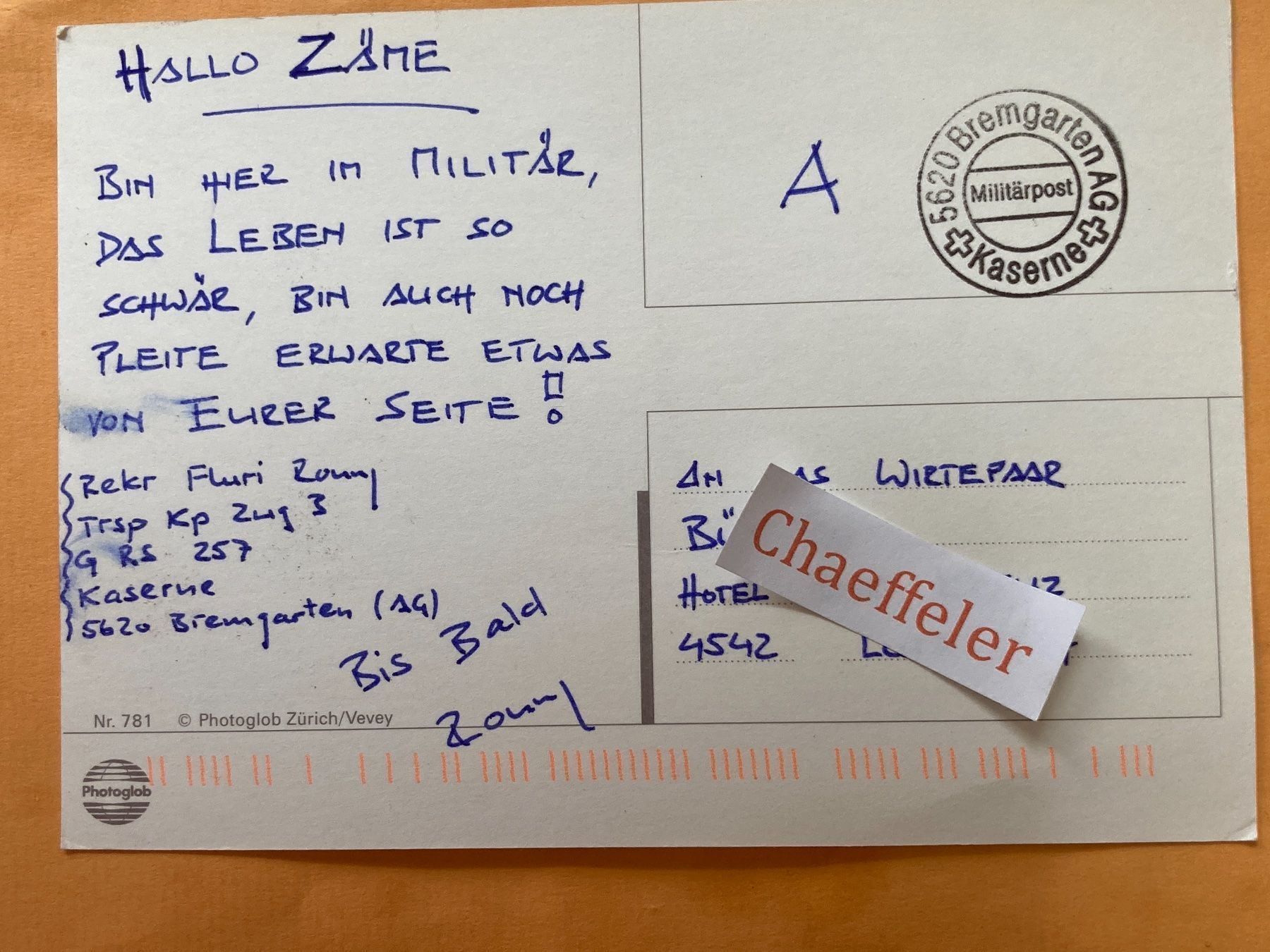 Cartoline postali: Feldpost Kaserne 5620 Bremgarten – Usato da Zürich venduto da Chaeffeler 1