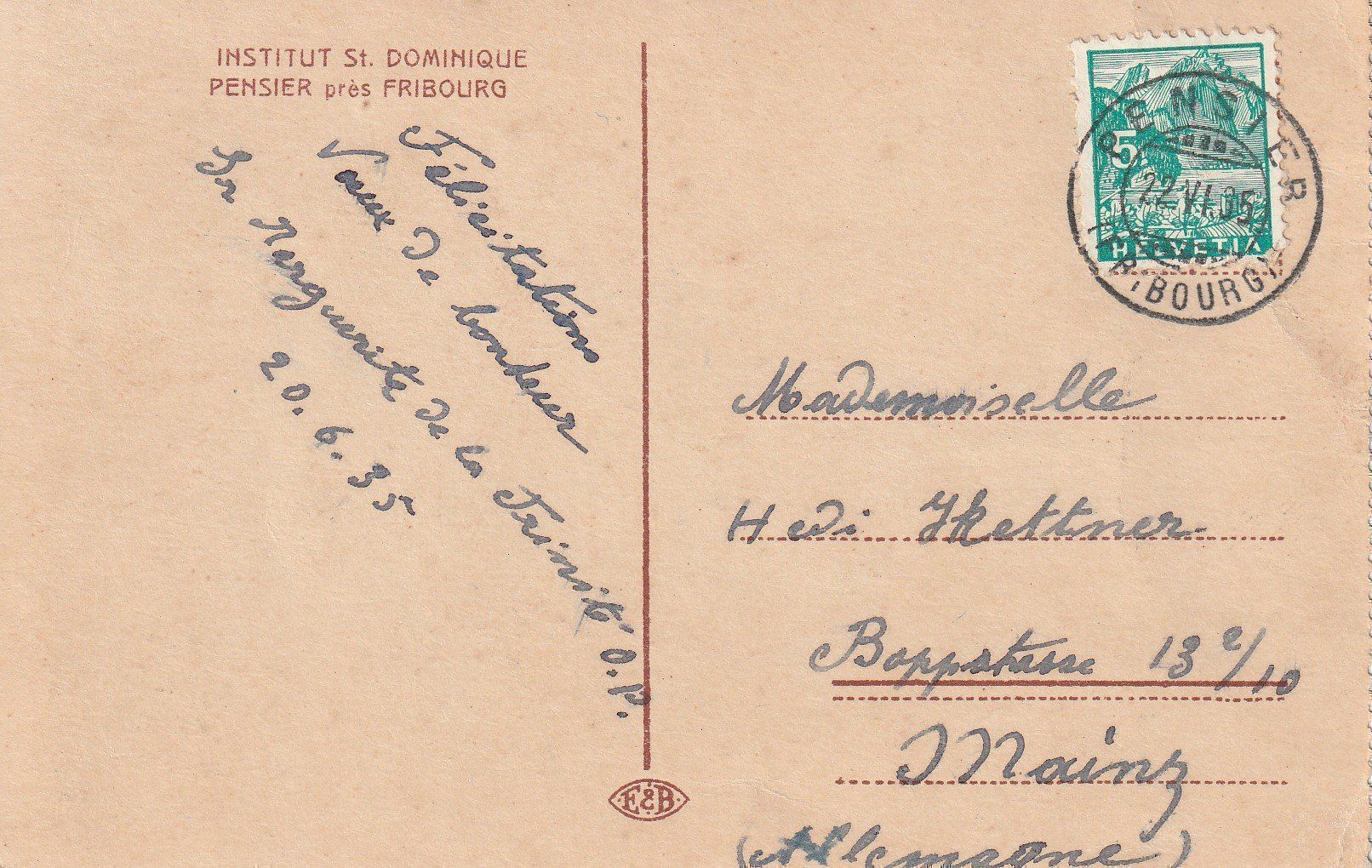 Cartoline postali: AK Pensier gel. 22.6.1935 – Usato da Fribourg venduto da schnalla92 1
