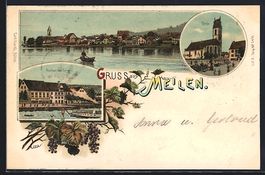 Litho Meilen, Gasthof zum Löwen, Kirche