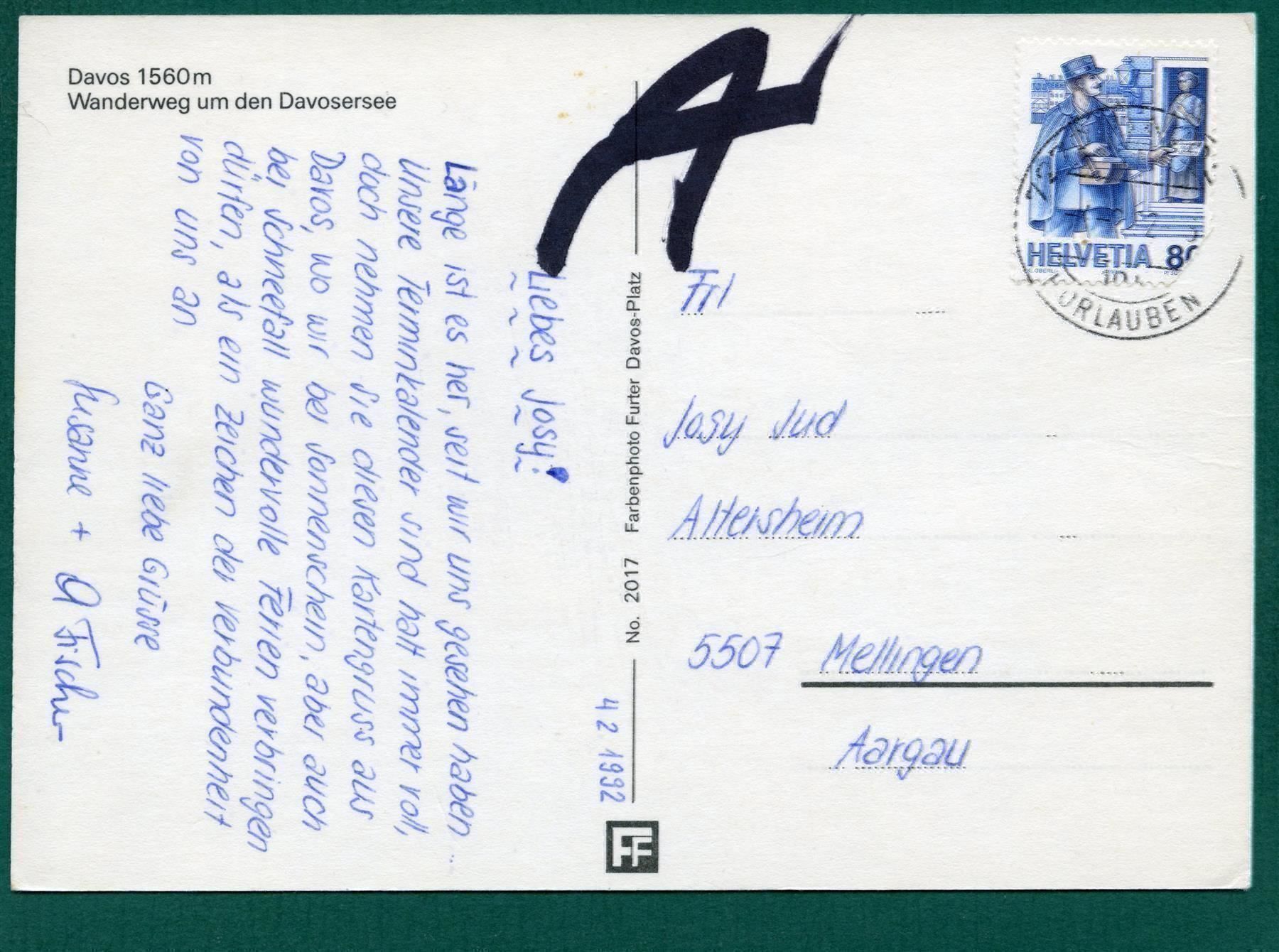 Cartoline postali: Davos, 1992, Wanderweg um den Davosersee, gelaufen – Usato da Sargans venduto da Hausi1951 1