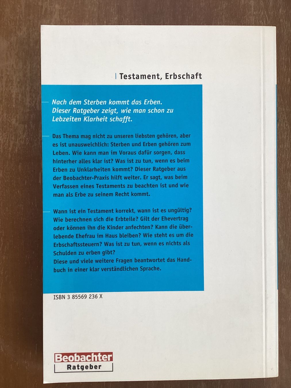 Libri: Beobachter Ratgeber; Testament und Erbschaft   ° – Usato da Zürich venduto da Tolima194 1