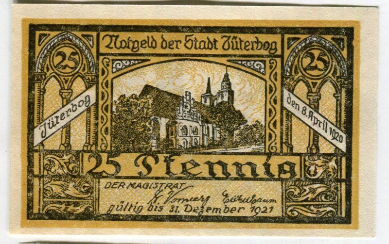 Banknoten: Notgeld "25 Pfennig. Jüterbog 1920" – Gebraucht aus Basel von Butsch5