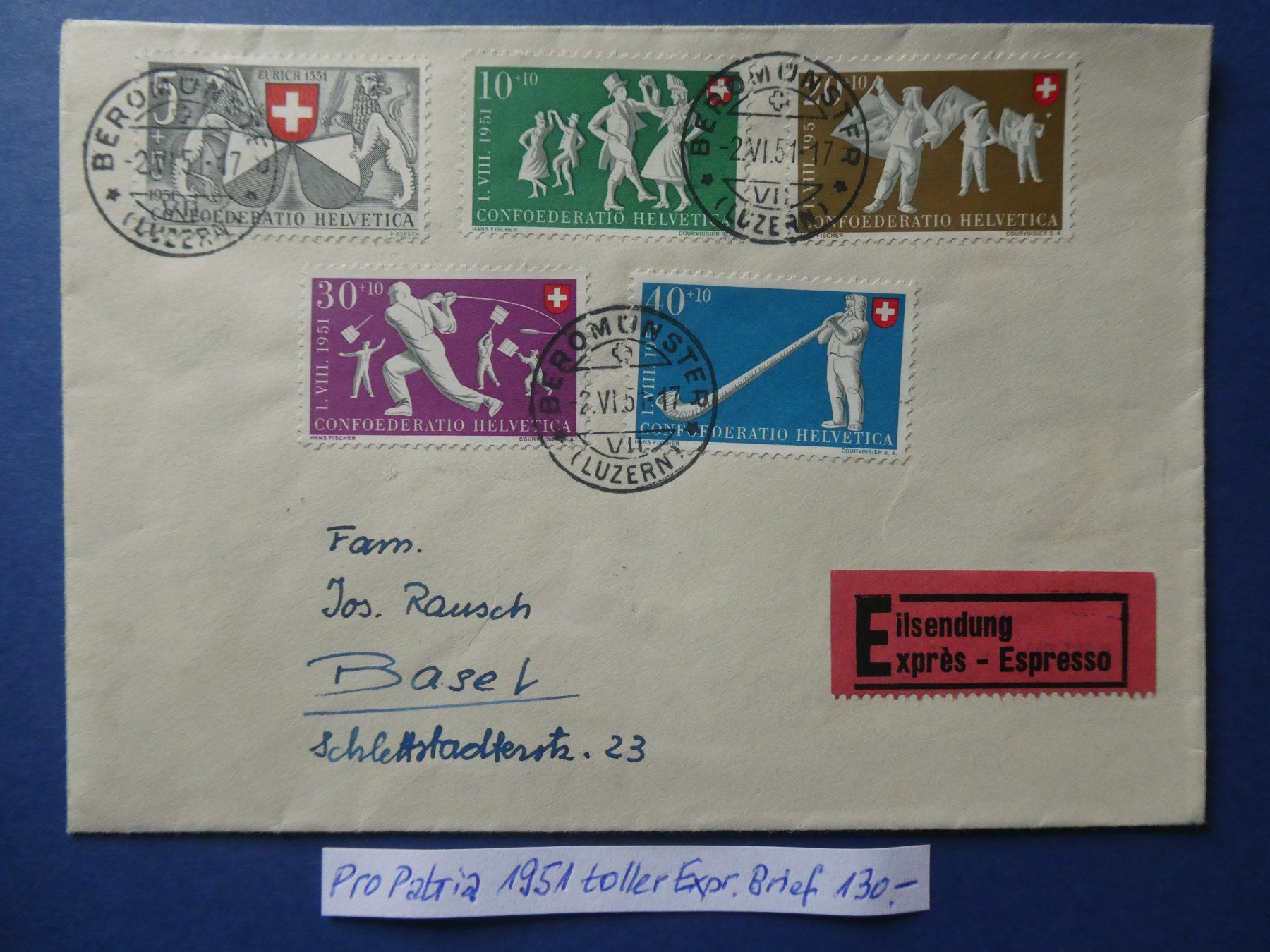Tutti i francobolli: Pro Patria 1951 toller Express Brief – Usato da Lausen venduto da Herbamare01