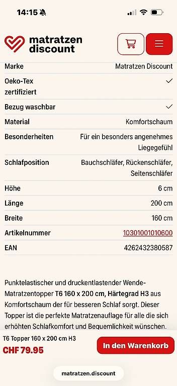 Matelas: Topper Nageneu und original verpackt – D'occasion à Obbürgen par bugi6868 1