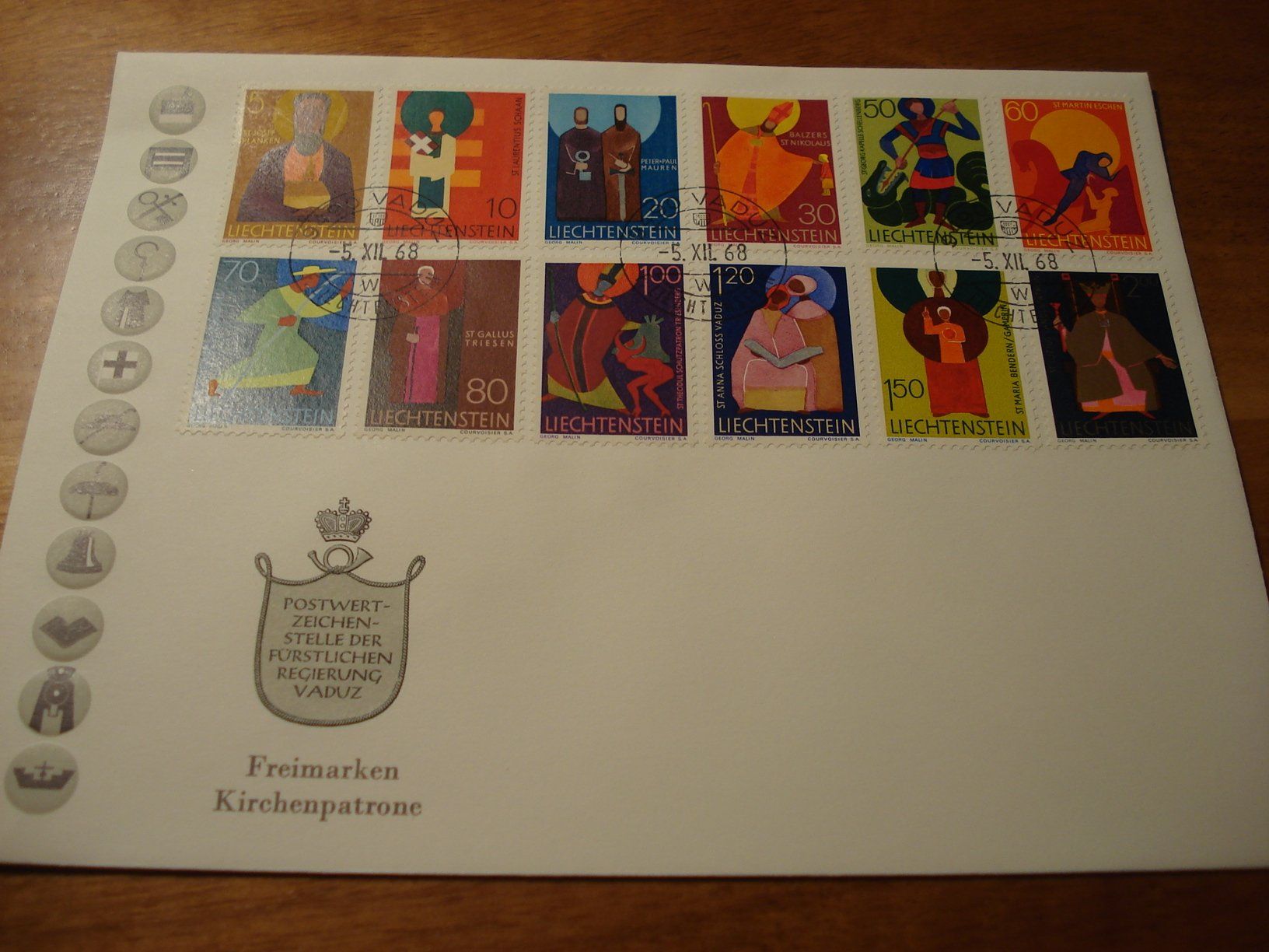 Alle Briefmarken: Liechtenstein FDC + Satzbrief Dauermarken 1968, 5 Belege – Gebraucht aus Niederwil AG von morostahu