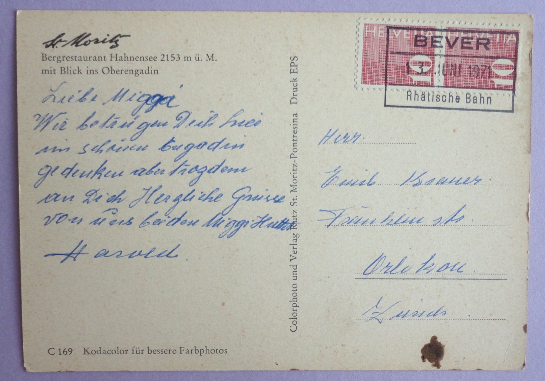 Cartes postales: St.Moritz, Bergrest. Hahnensee 2153 m ü.M. – Défectueux à Fétigny par Billy2miny 1
