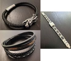 3 Stück Armband Schmuck Edelstahl und Lederimitat NEU 22cm