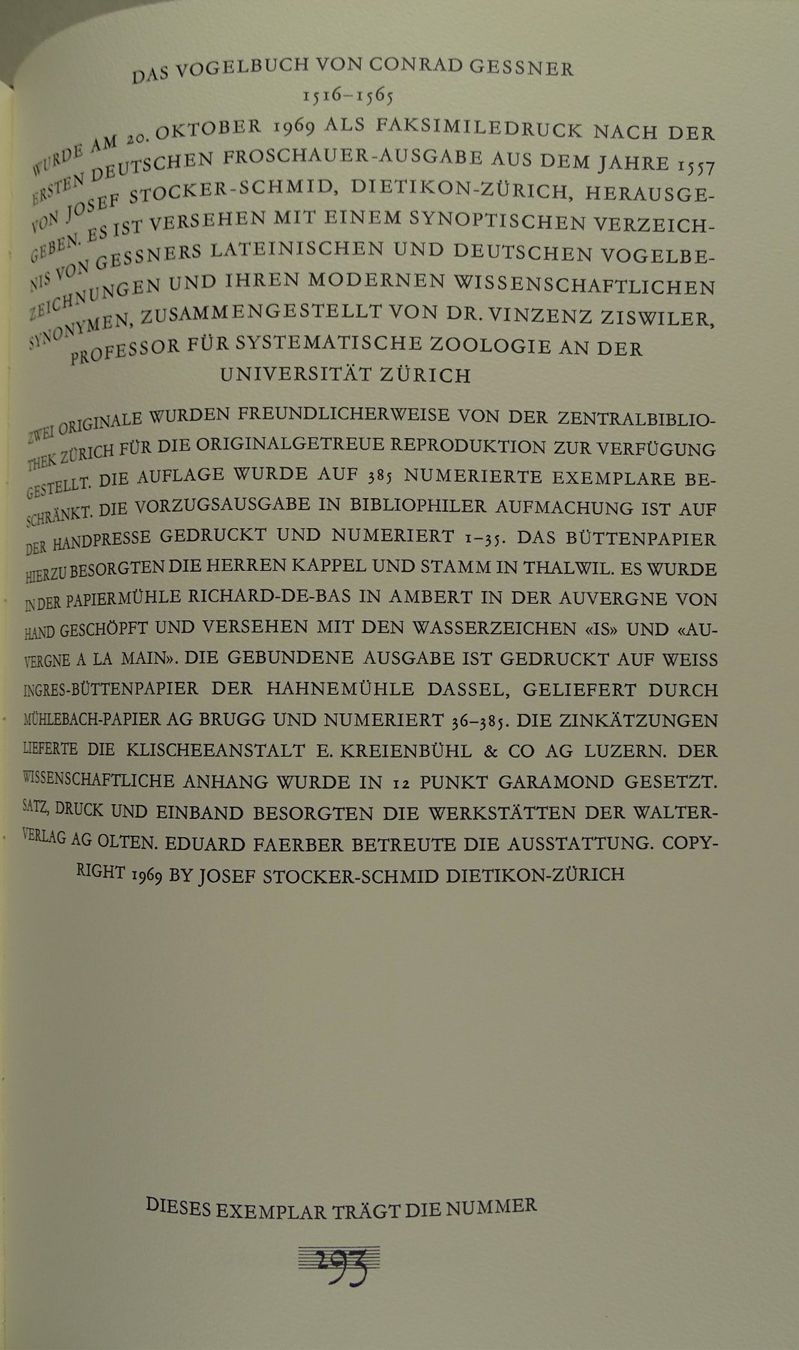 Libri: CONRAD GESSNER: VOGELBUCH, FAKSIMILE – Usato da Grüningen venduto da Kartensammler 7