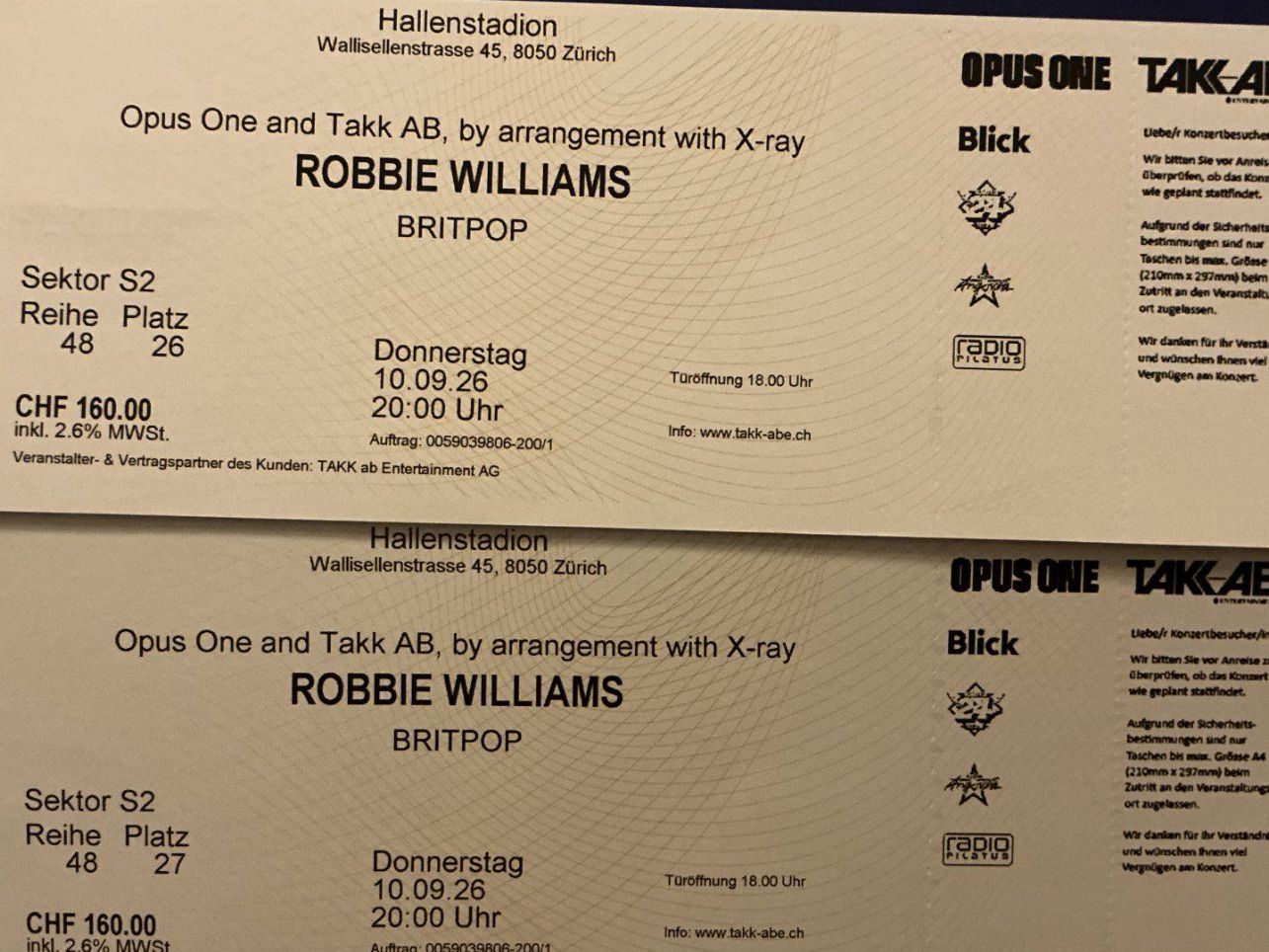Biglietti: Robbie Williams 2 Sitzplatztickets 10.9. – Nuovo e nell'imballaggio originale da Liebefeld venduto da Puedu