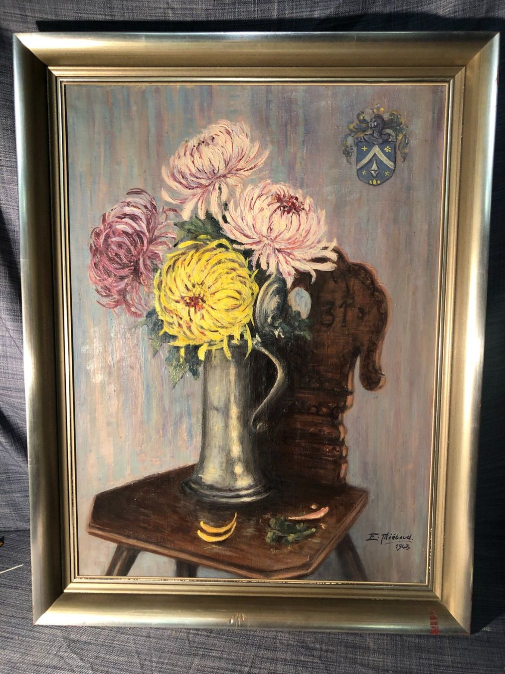 Dipinti: Gemälde Zinnkanne mit Astern von E. Thiébaud, 1943 – Usato da Aefligen venduto da Bubu218
