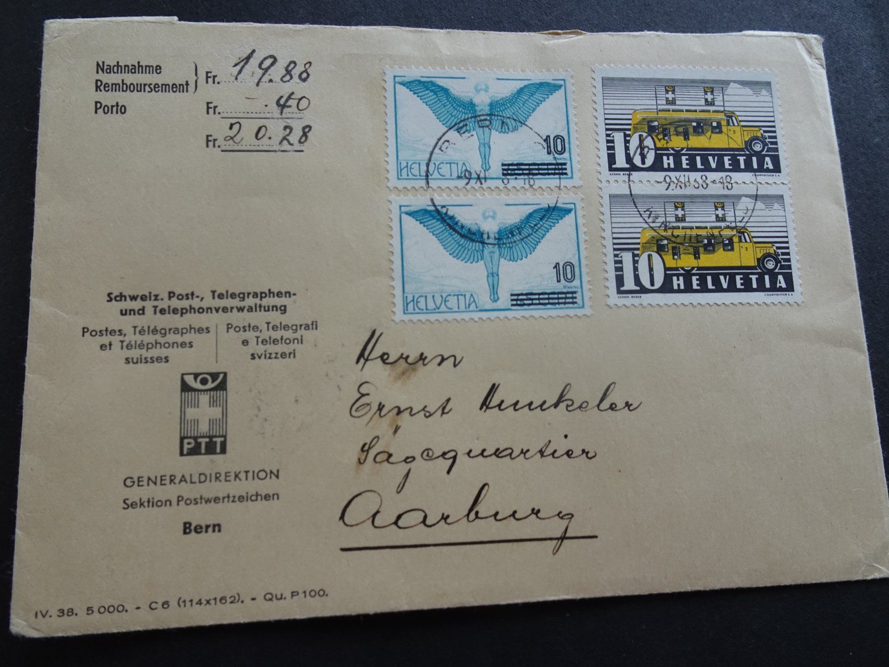 Tutti i francobolli: 9.XII.38.; GENERALDIREKTION BERN KIRCHENFELD – Usato da Eschenbach SG venduto da eDaisy