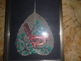 Gerahmtes Bild, Vogel auf Blatt handgemalt, Unikat!