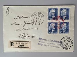 1935 Winteralpenpost Julier J72 im 4erBlock Einges. Brief RR
