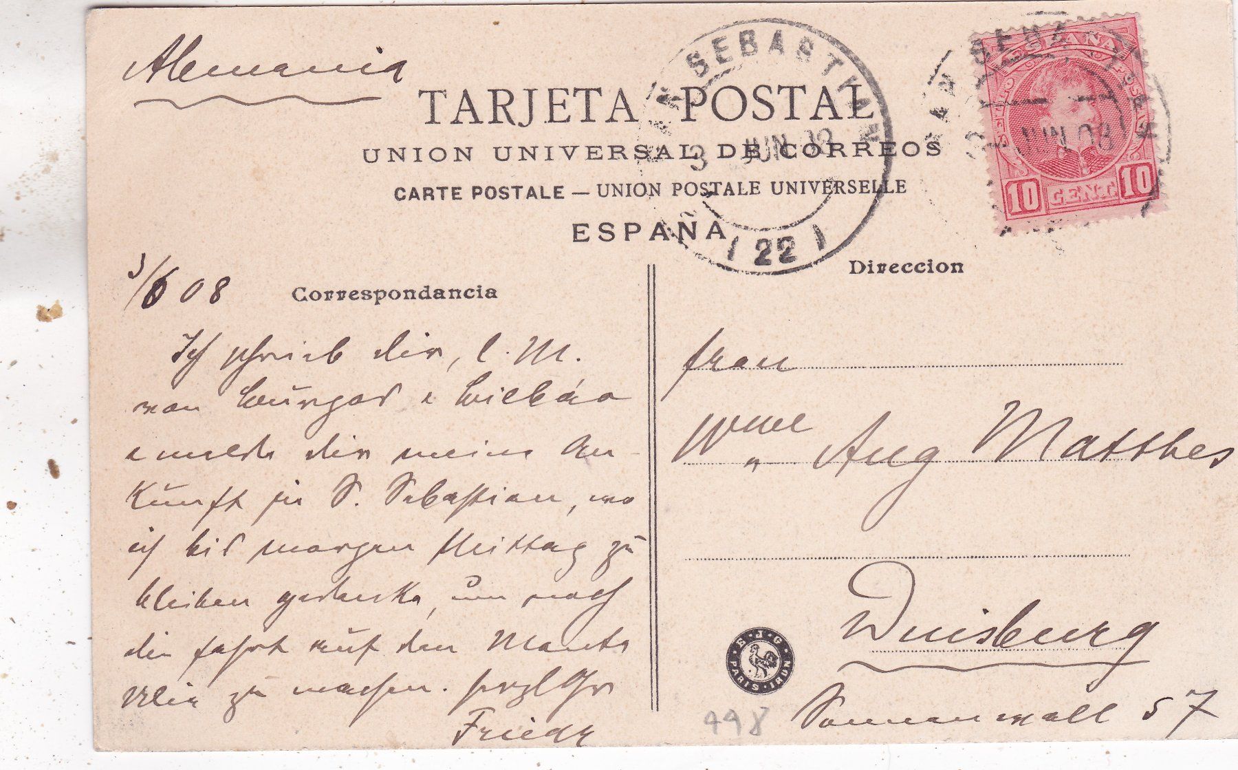 Ansichtskarten: Spanien San Sebastian Monte Ulia 1908 – Gebraucht aus Herisau von Lisegrat2008 1