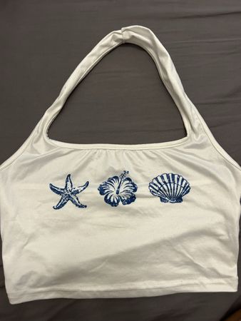 Sommer Neckholder Top weiss mit Meeresmotiven Grösse S