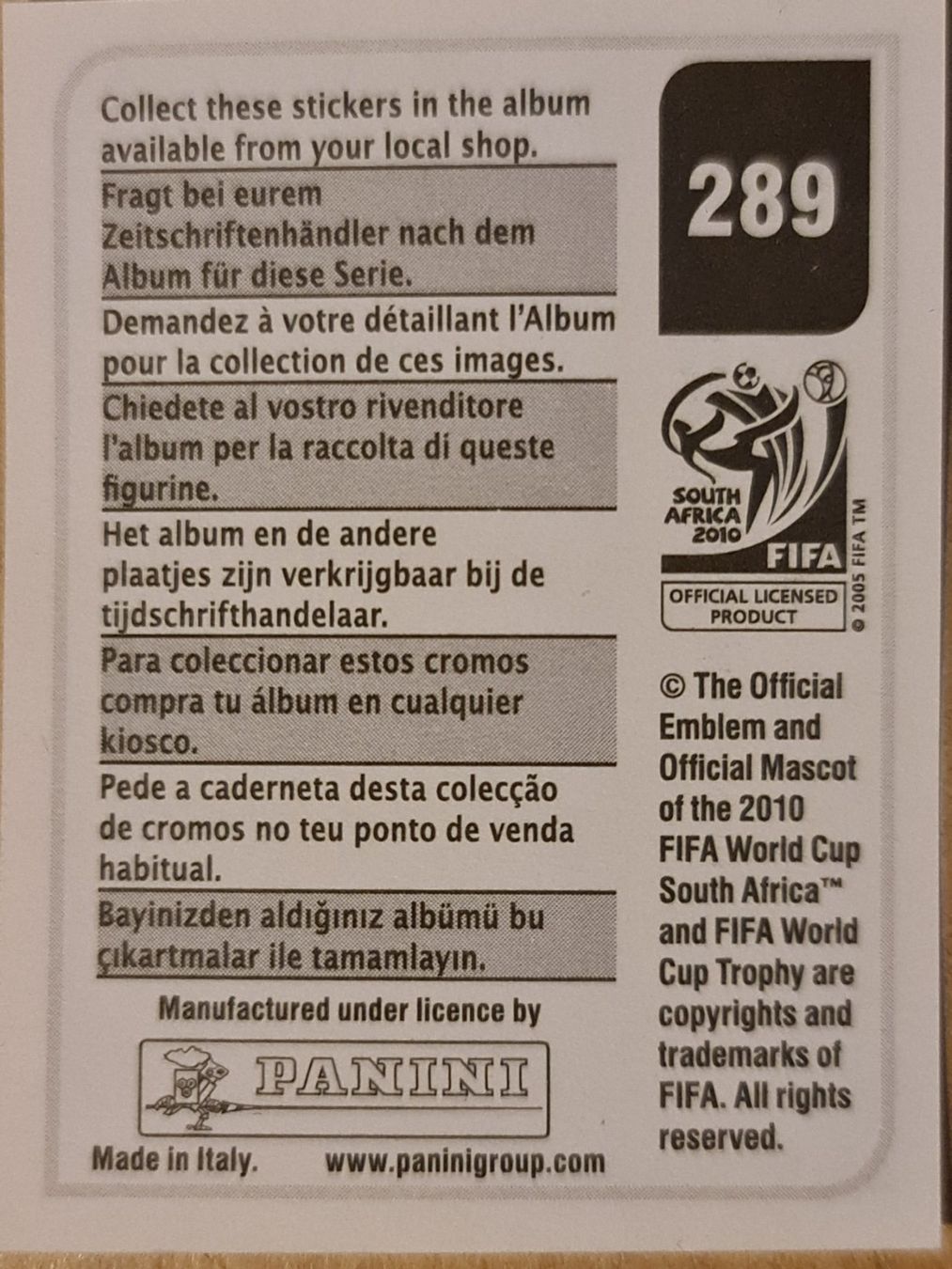 Panini Carte collezionabili: Panini WM 2010 Nr. 289 – Nuovo (secondo la descrizione) da Dintikon venduto da Prime-shop 1