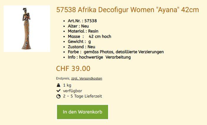 Statuette: Afrika Figur 57538  ,   Sammlungsauflösung – Nuovo e nell'imballaggio originale da Hagenbuch ZH venduto da cougar1 1