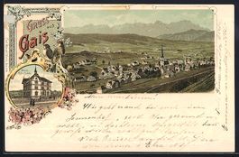 Litho Gais, Neues Schulhaus, Ortsansicht