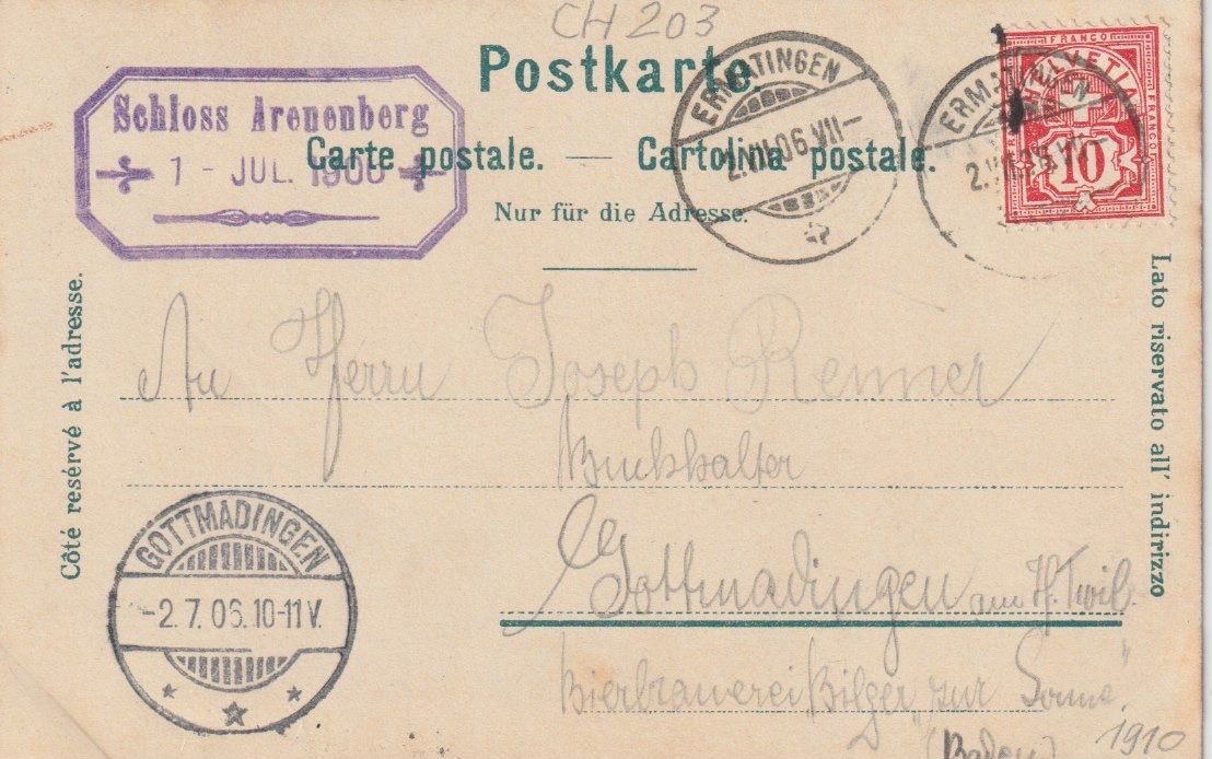 Cartoline postali: CH 203 Schloss Arenenberg, 1906 – Usato da Freienbach venduto da Bhaltis 1
