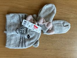 Baby Mütze und Fäustlinge beige 44 cm