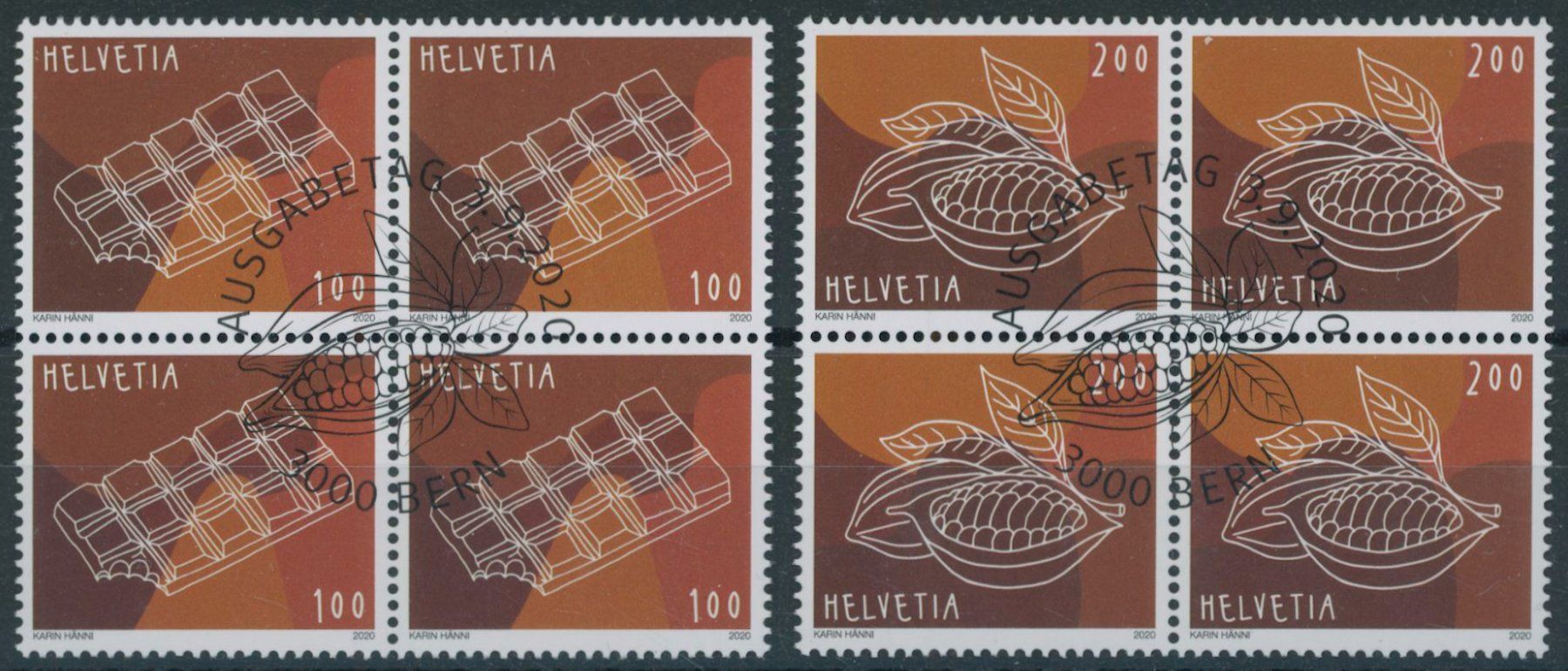 Tutti i francobolli: 2020 - Schokolade - Viererblock - Ersttag Stempel ET – Usato da Schindellegi venduto da leecollect