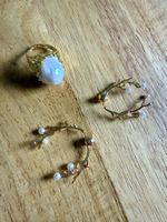 Elegantes Schmuckset Ring & Ohrringe Gold Neu Perlen