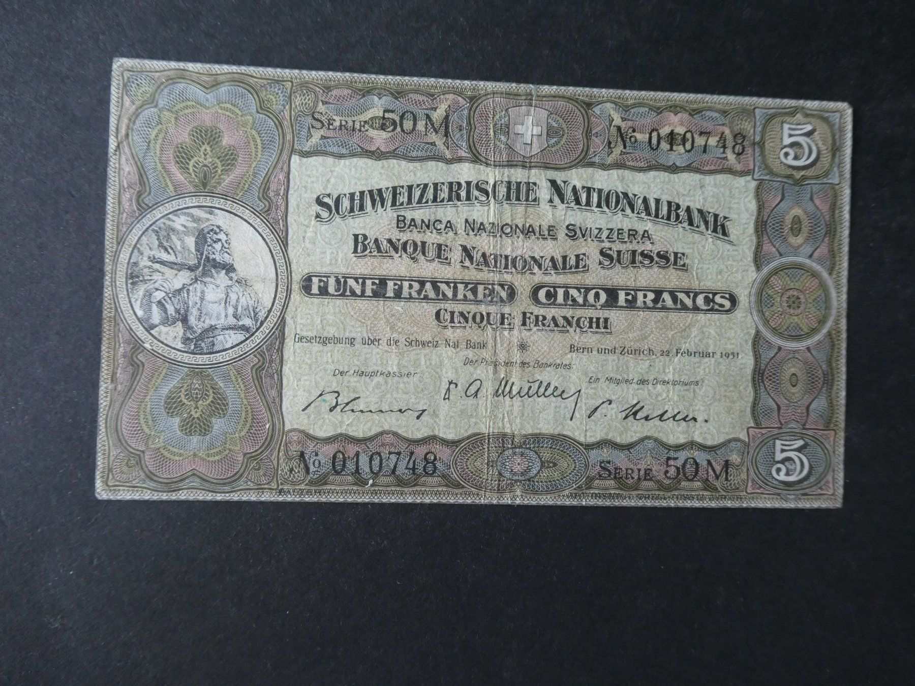 Billets de banque: Schweiz 1951,  5 Franken – D'occasion à Hinterforst par Rohusri
