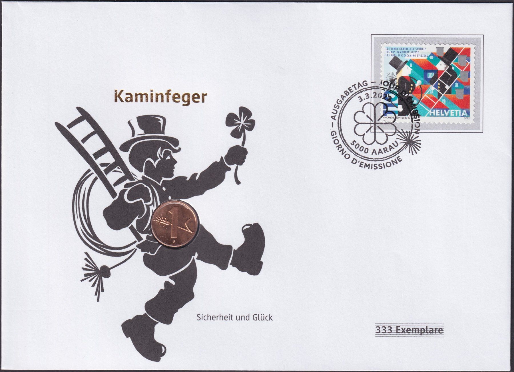 Tutti i francobolli: 2022, Numisbrief/Münzbrief "Kaminfeger" mit 1 Räppler. – Usato da Sursee venduto da Luzernerraute