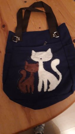 Süsse Katzen Stofftasche blau mit Reissverschlussfach
