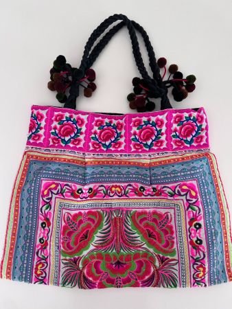 Colorful Embroidered Bag with Pompoms