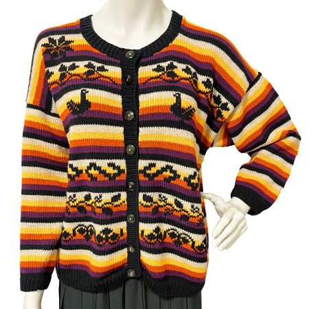 Strickjacke handgestrickt Cardigan S-L Streifen bestickt 90s