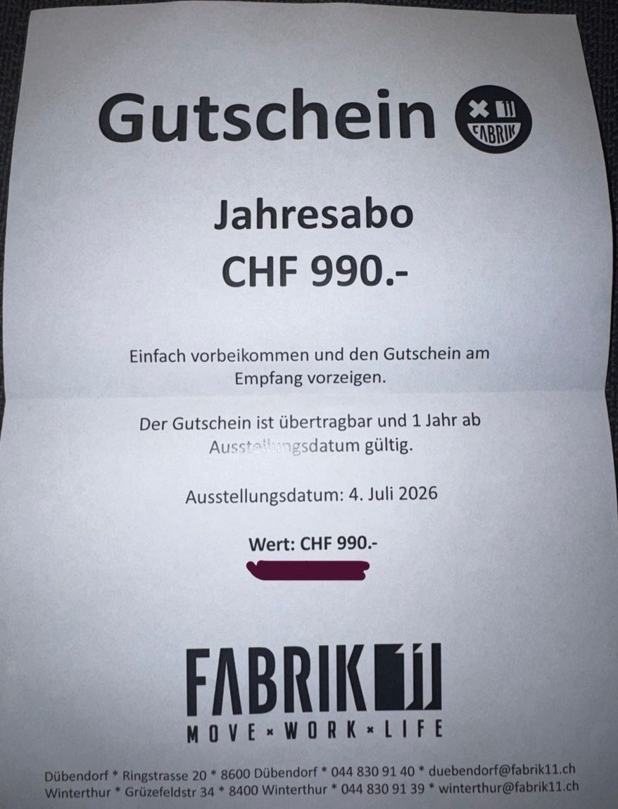 Buoni: Gutschein Jahresabo Fabrik 11  – Nuovo e nell'imballaggio originale da Birmensdorf ZH venduto da sve_zl6v