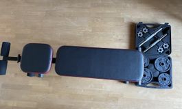 Fold down incline weight bench with free weights set 
