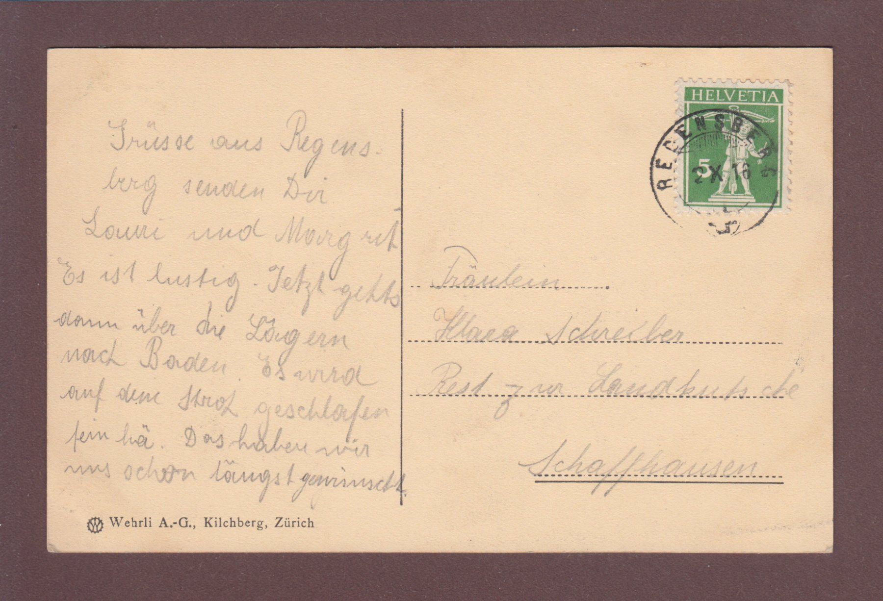 Cartoline postali: REGENSBERG - 1916 – Usato da Pully venduto da nicecards 1