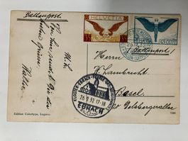 Flugpost 1932, Kat. 10+14 auf Ballon-Postkarte, KP 190.--