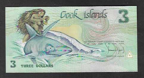 Banknoten: Cook  Islands  3  Dollars  Bankfrisch – Neu (gemäss Beschreibung) aus Gordola von coinsandnotes