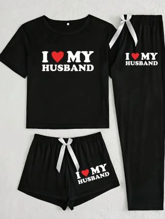 Schlafanzug Set "I love my Husband", Schwarz, Neu!