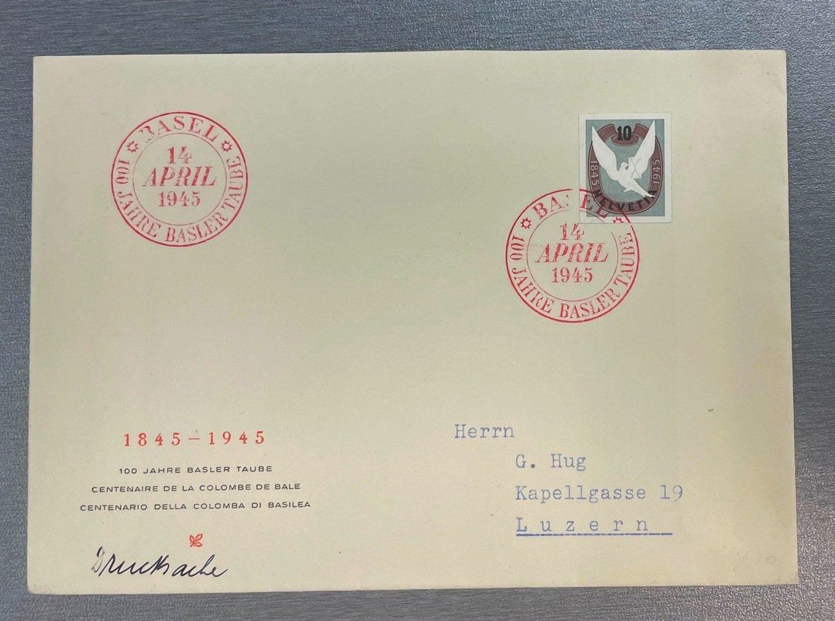 Tutti i francobolli: 1945 FDC Brief mit Ausschnitt Block Basler Taube – Usato da Sirnach venduto da Melisangi